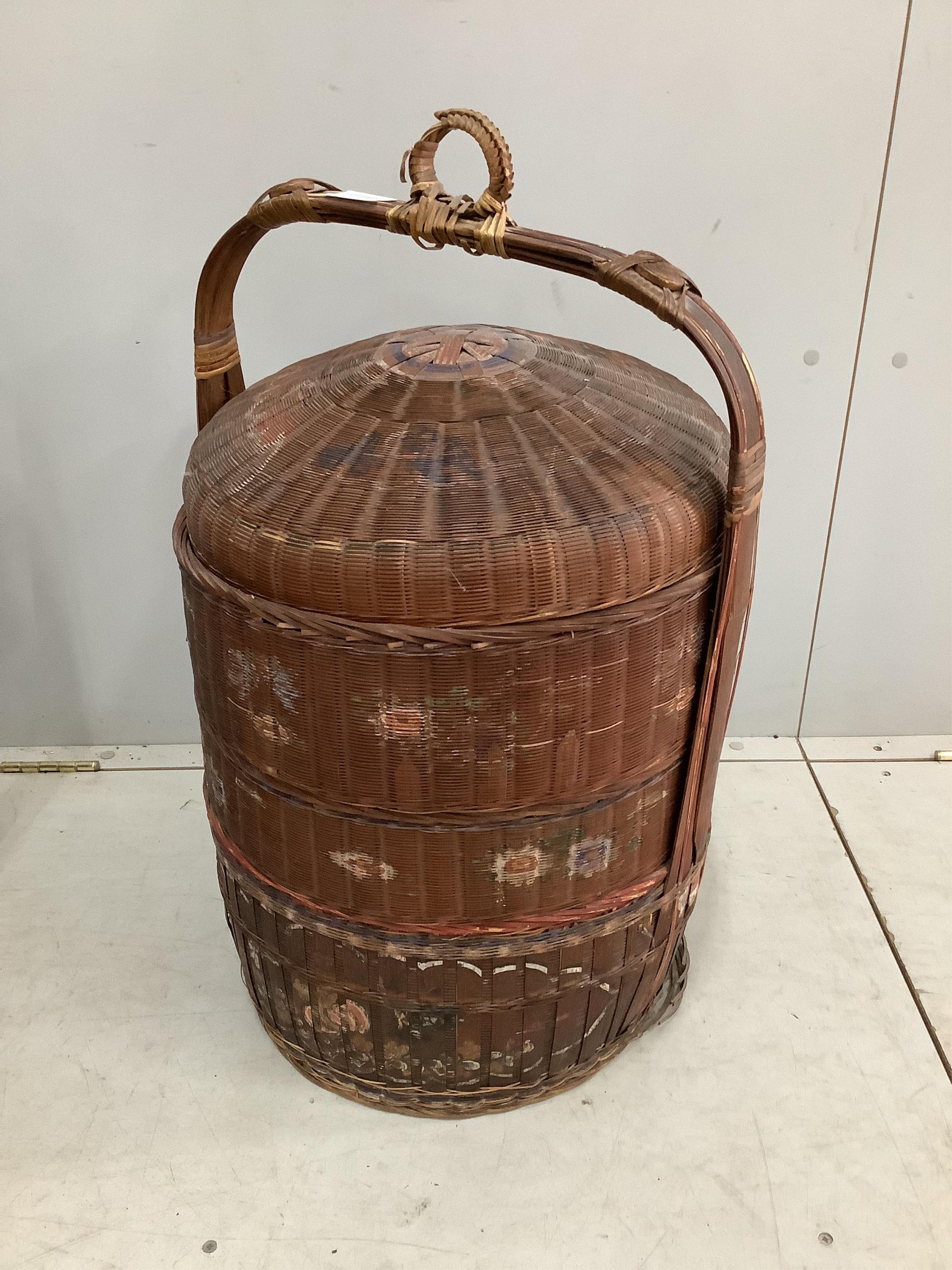 A pair of painted Japanese wedding baskets, height 70cm